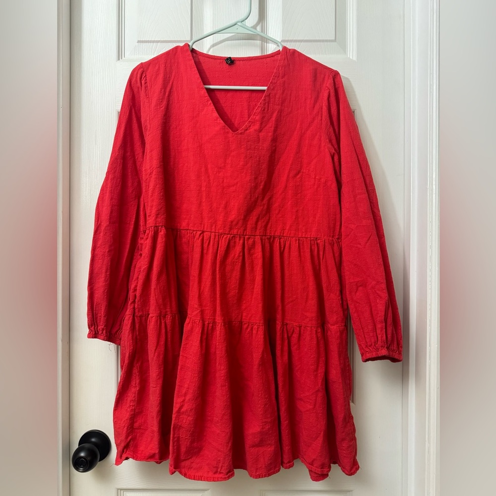 Red ruffle tunic dress with pockets FANCYINN